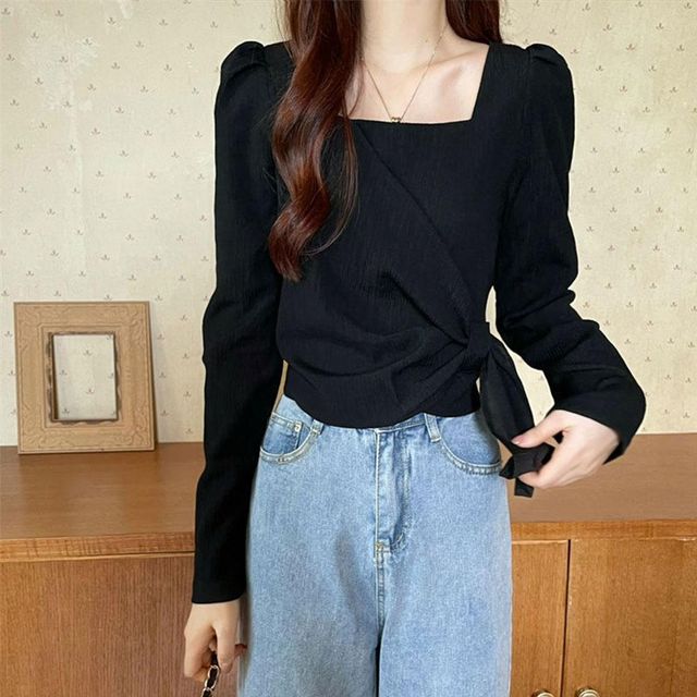 스트 스퀘어넥 플 블라우스 2color 0196 화이트 프릴 여성 소매 리본 빅카라 남방 긴팔 숙 봄 장식 신상 셔