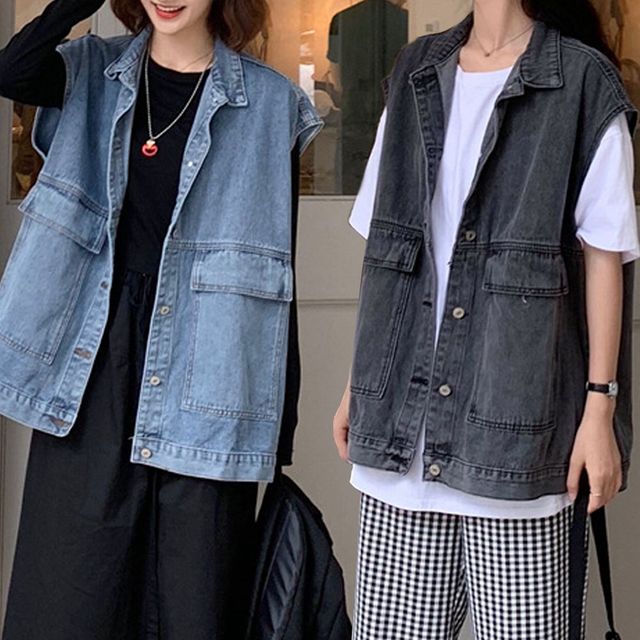여성조끼 간절기 오버핏 데님 카라 조끼 베스트