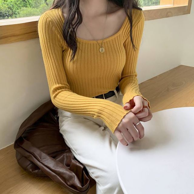 여자 베이직 깊은 라운드넥 골지 니트티셔츠 데일리룩