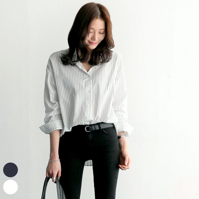 여성 루즈핏 오버핏 스트라이프 데일리 긴팔 셔츠