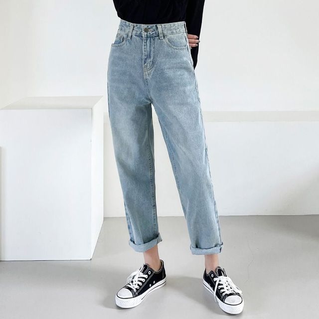 워싱 코튼 데님 일자 팬츠 여성청바지 연청 여자바지