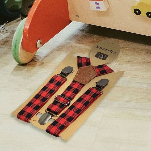 레드체크 어린이 멜빵 패턴