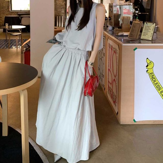 여름 민소매 블라우스 롱스커트 세트 내추럴 루즈핏