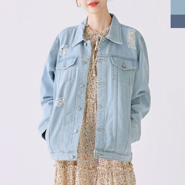 여성 헤지 청자켓 봄가을 데님 워싱 재킷 루즈핏
