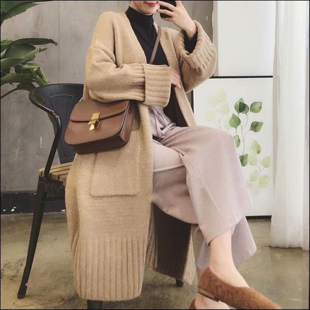 여성 롱가디건 오픈형 니트 아우터, 노버튼 롱코트