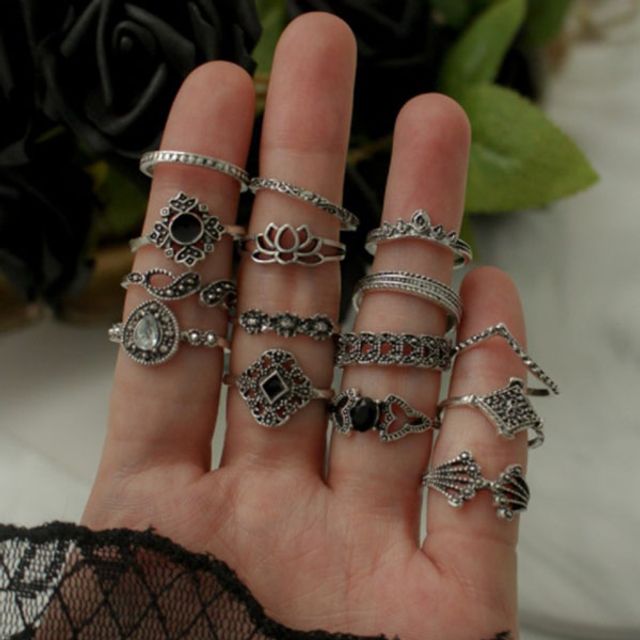 GGD 엔틱 실버 블랙 반지세트 15pcs