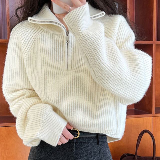 여성 하프집업 골지 니트 아이보리 데일리