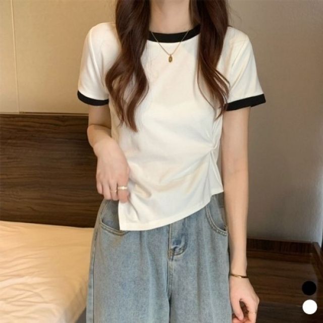 투톤 언발선 컴포트 헴라인 프릴하프티 티