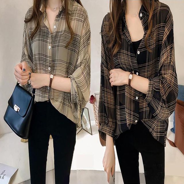 여자 체크 블라우스 7부 루즈핏 데일리 시스루 셔츠