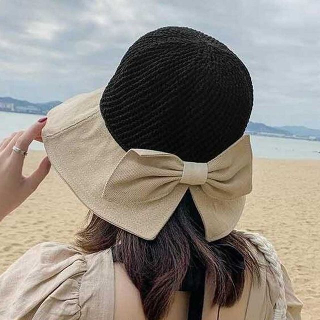 콤비배색 왕골 리본 버킷햇 자외선차단 벙거지모자