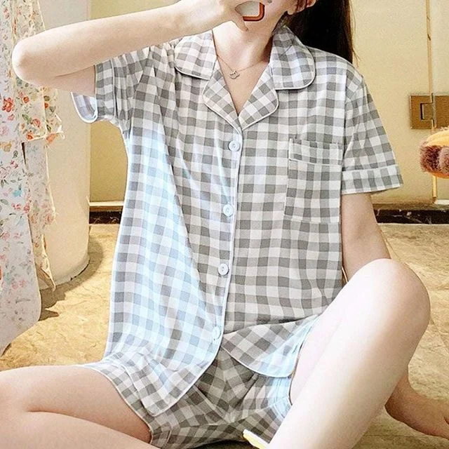 바지 여성 세트 예쁜 여름 잠옷 여름잠옷 여성잠옷 그레이 체크