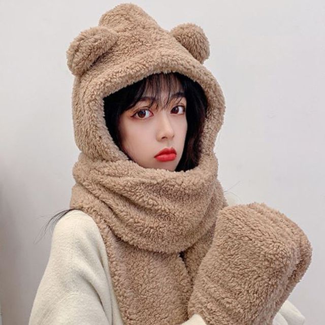 러블리 큐티 베어 후드머플러 목도리 장갑 방한 후드
