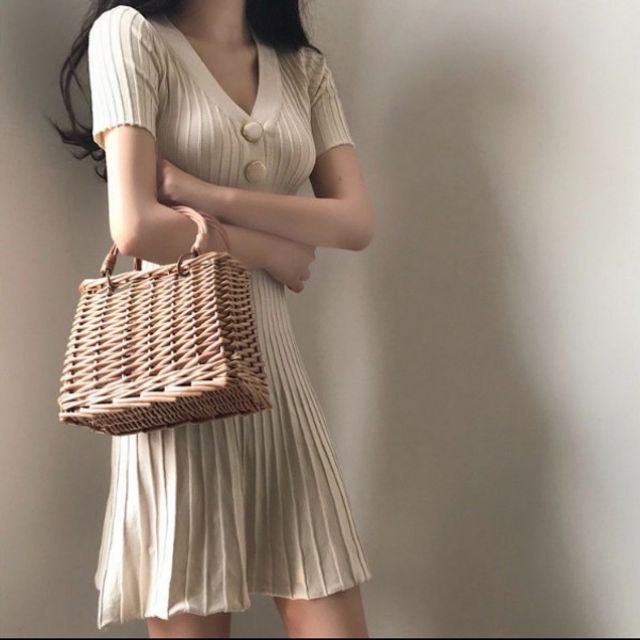 패션원피스 미디 원피스 단추 브이넥 여성 반팔 여행