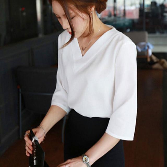 7부 브이넥 블라우스 데일리 캐주얼 여자 셔츠