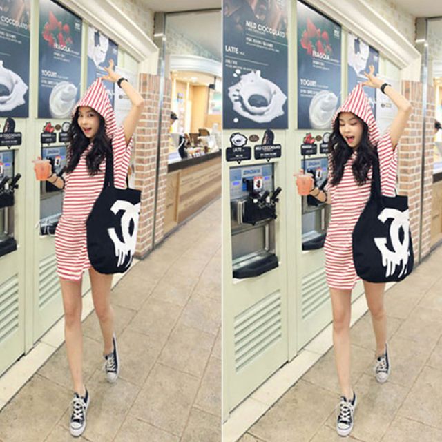 스트라이프 후드 원피스 루즈핏 미니원피스 캐주얼