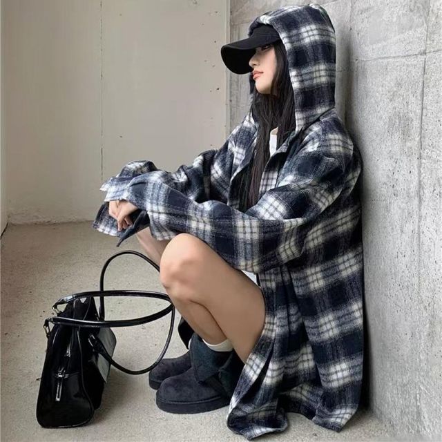 체크 후드 오버핏 셔츠 남방 자켓 간절기 데일리 루즈핏 가을