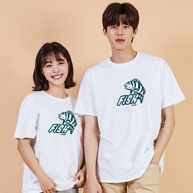 남성 맨투맨 후드티 물고기 프린트 화이트 반팔