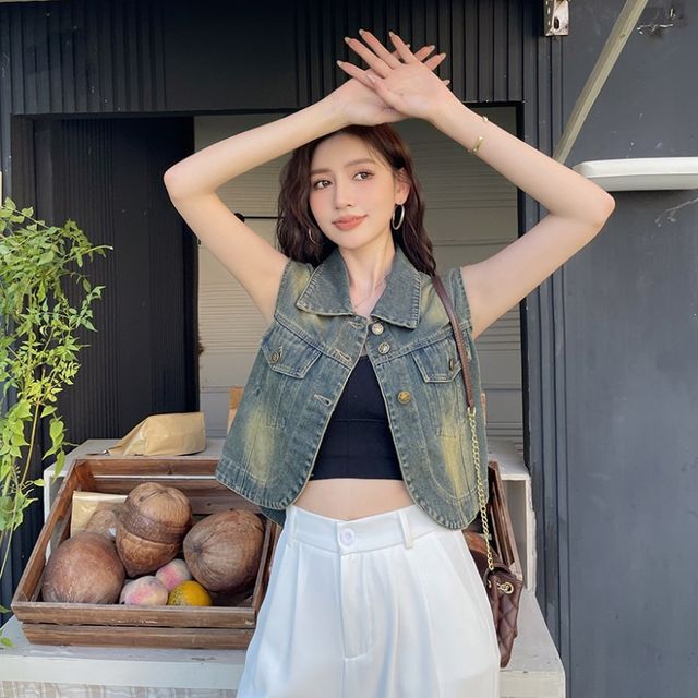 F263431 2컬러 빈티지 루즈핏 청 데님 조끼 데일리 코디탬
