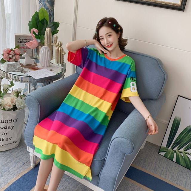 캐주얼 면 옆트임 무지개 롱 티셔츠