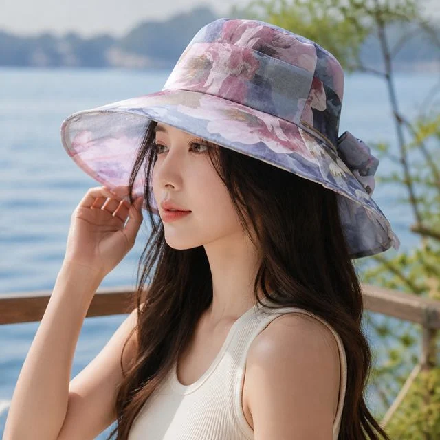 여성 여름 플라워 노방 리본 왕골 버킷햇 썬캡 자외선차단 휴가룩 비치모자 외출용
