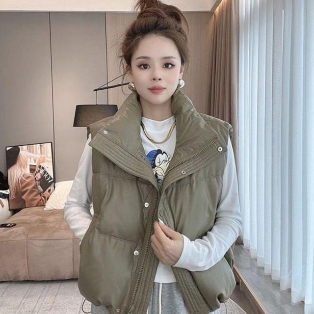 레이디스 하이칼라 유니크 포치 일상템 다운 패딩베스트 쪼패 슬리브리스탑 동절기 터틀넥웰론