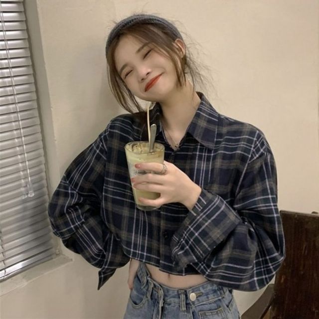 여자 체크 크롭긴팔셔츠 메이비굿 스타일 여성 블라우스 추천
