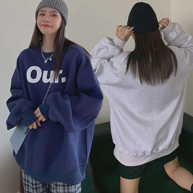 여성 깔끔한 레터링 라운드넥 드롭숄더 맨투맨 티셔츠