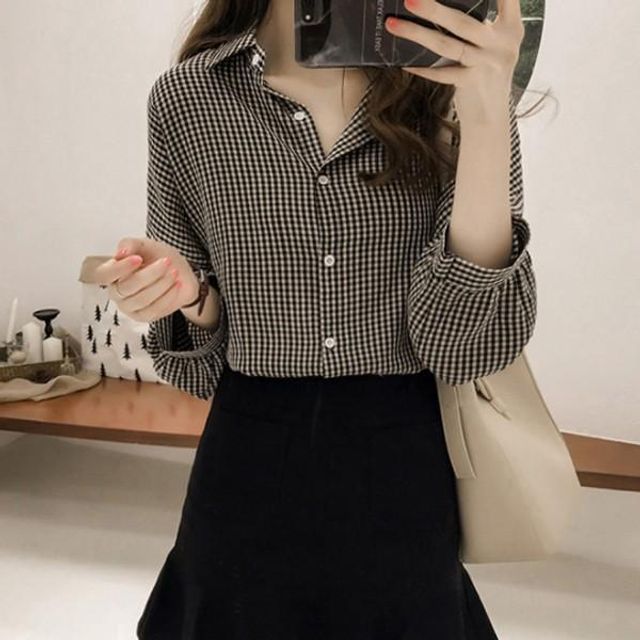 체크남방 카라셔츠 데일리룩 블라우스 롱셔츠 여성셔츠