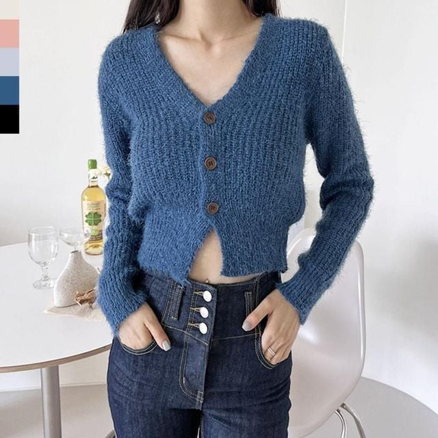 여성 퍼 브이넥 숏기장 니트웨어 가디건 상의