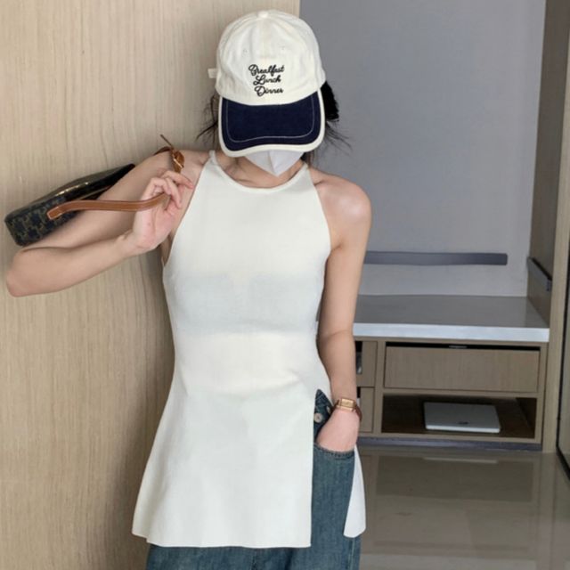 언밸런스 슬릿 롱 슬리브리스 홀터넥 나시탑