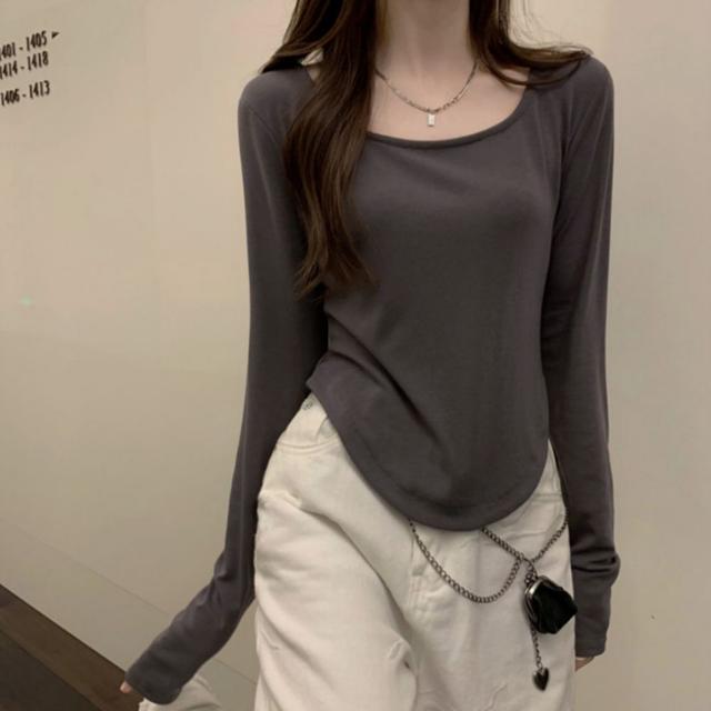 여성 3컬러 라운드 커팅 밑단 슬림핏 U넥 긴팔 티셔츠