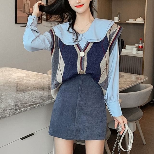여성 데일리 아가일 브이넥 니트베스트 패션의류