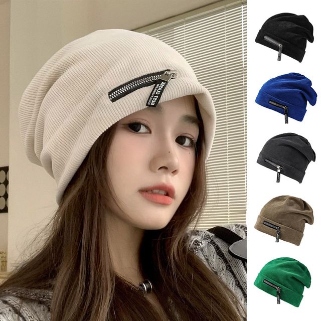지퍼 무늬 포인트 코듀로이 소재 데일리 비니