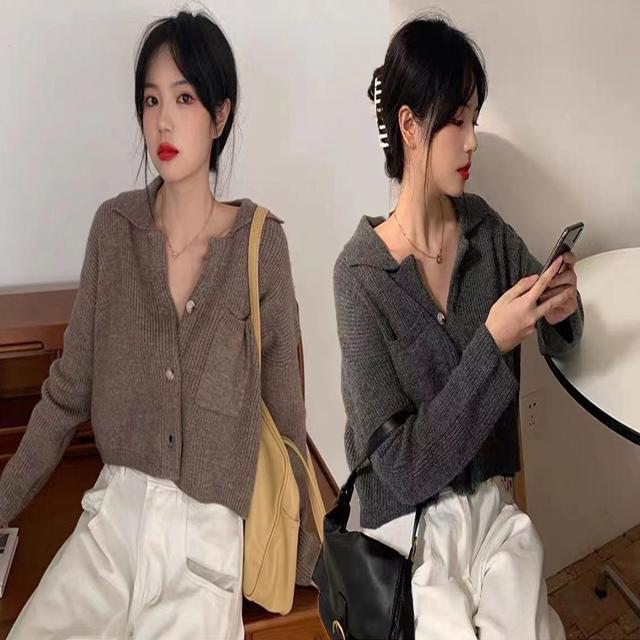여자 짧은 니트 골지 카라 포켓 가디건 숏 세미크롭