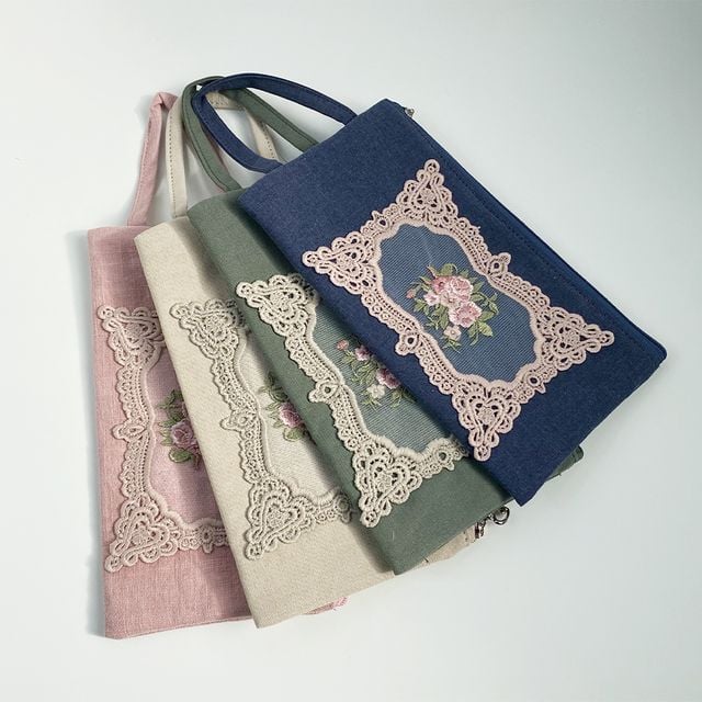 빈티지 플라워 레이스 스트랩 슬림 파우치 4Colors