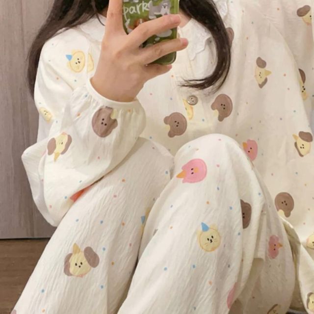 여성 사계절 잠옷 홈웨어 프릴 레이스 파자마 세트