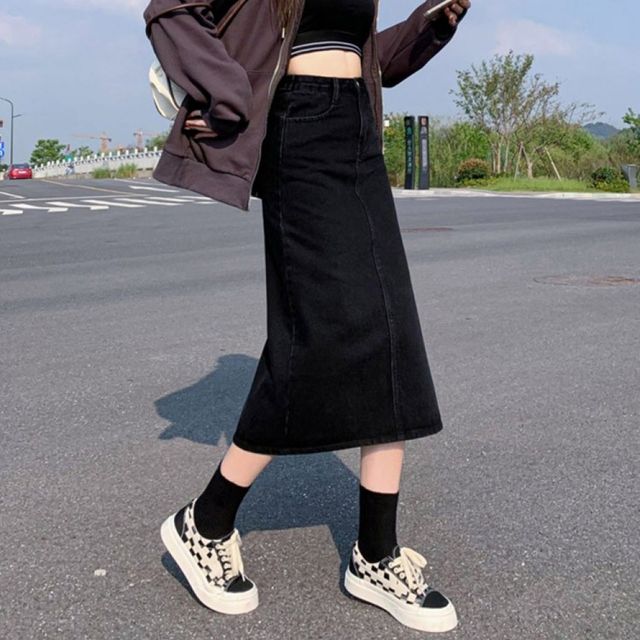 여성용 데님 미디 스커트 뒷트임 A라인 슬림핏
