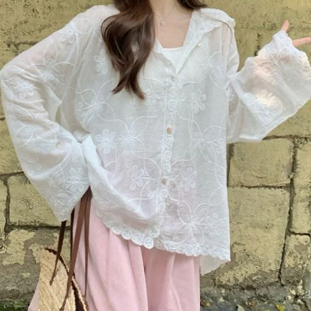 플라워 여성 시스루 가디건 자수 여름 후드 가디건 아우터