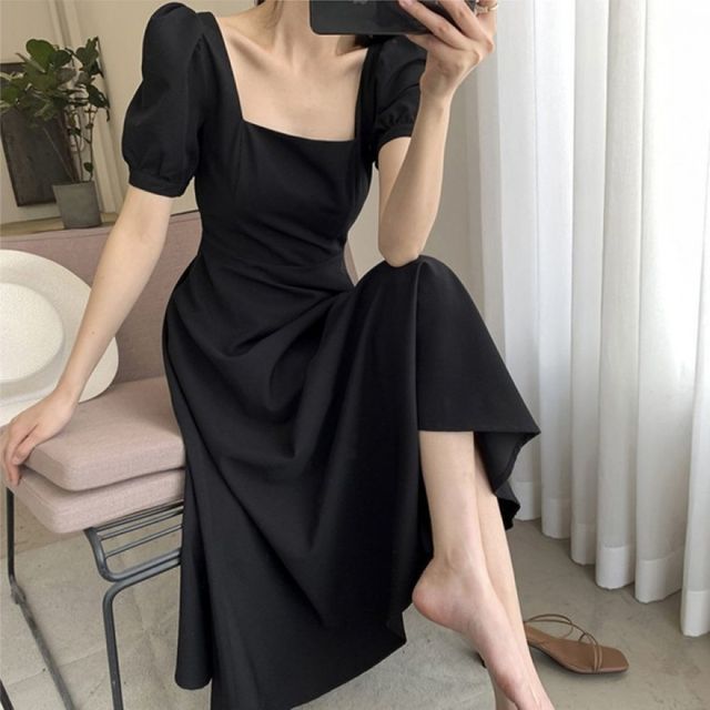 블랙 벌룬 여성용 롱 원피스 여친룩 A라인 드레스