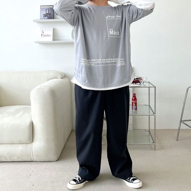 남성 오버핏 라운드 긴팔 티셔츠 프린팅 루즈핏 티