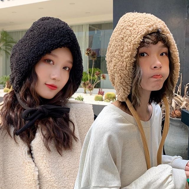 올뽀글이 소재 귀여운 패션 데일리 양털 끈 모자