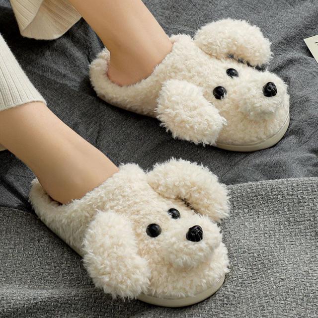 폭신한 양털 강아지 털실내화 - 방한 슬리퍼 거실화