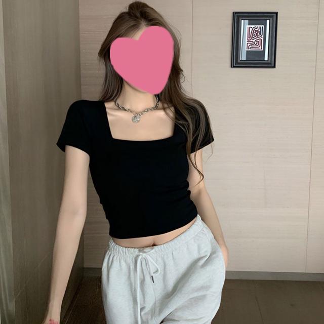 베이직 사각 스퀘어넥 여성 무지 크롭 반팔 티셔츠