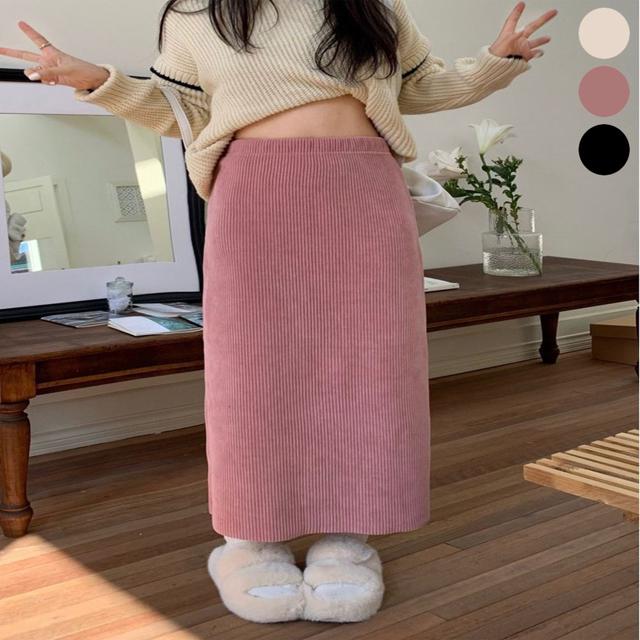 여성 골지 롱스커트 뒷트임 겨울 밴딩 H라인 치마