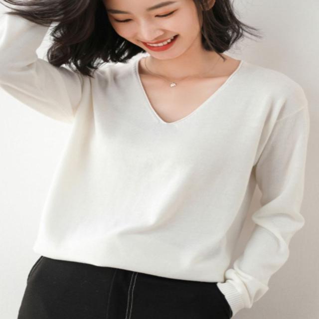 여성 봄 가을 브이넥 긴팔 니트티 스웨터 여자 니트