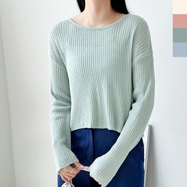 여성 입술넥 골지 크롭 니트 1P 데일리 루즈핏 티셔츠