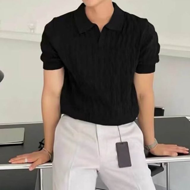 남성 3컬러 카라넥 댄디스타일 패턴 니트 반팔티