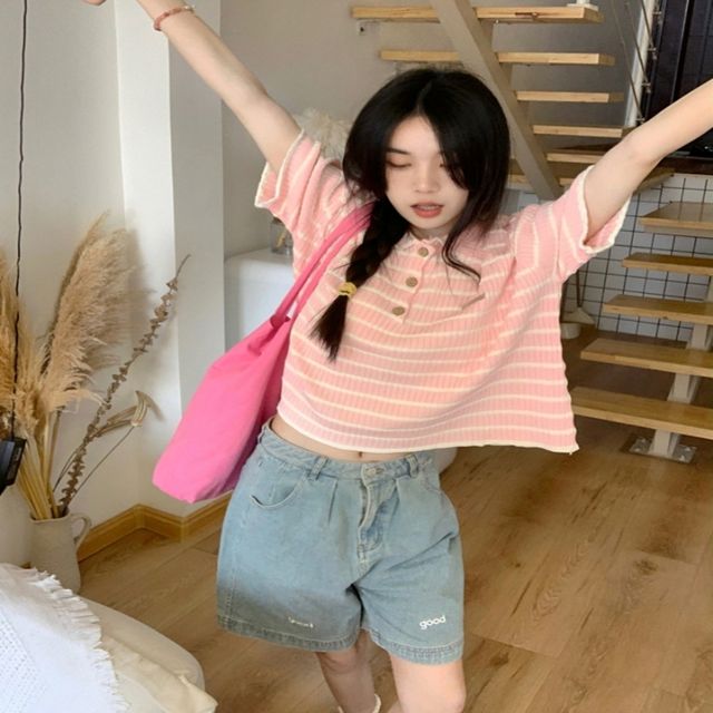 여성 카라 반팔티셔츠 스트라이프 파스텔, 여름 휴양지 데일리룩