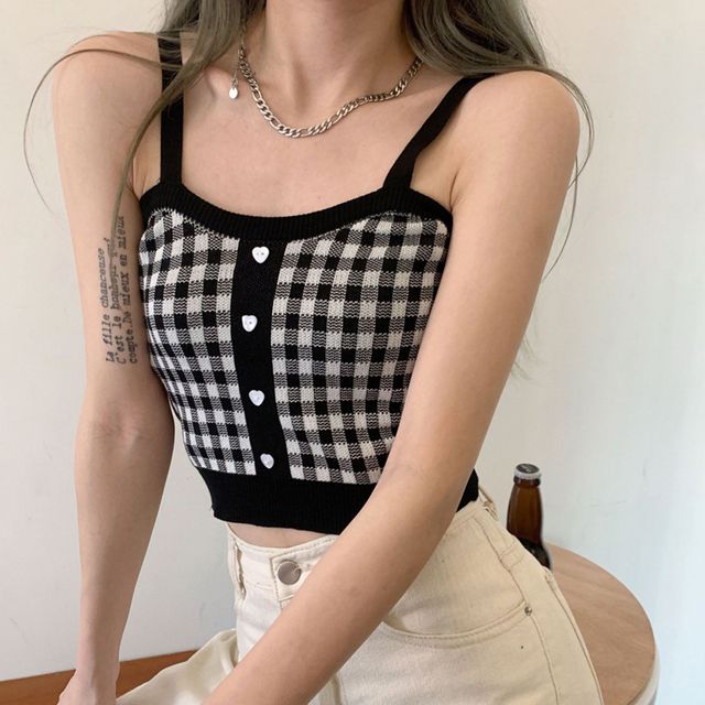 러닝 여성 나시 티 여름 헬스 크롭 탑 체크