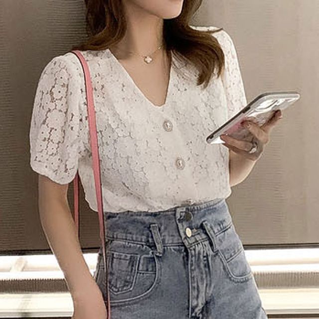 브이넥 시스루 꽃패턴 여름 셔츠 블라우스 퍼프소매